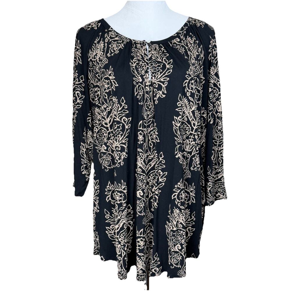 Lucky Brand Tunic Top Womens 2X Black Floral‎ Boho Viscose Flowy Popover Blouse